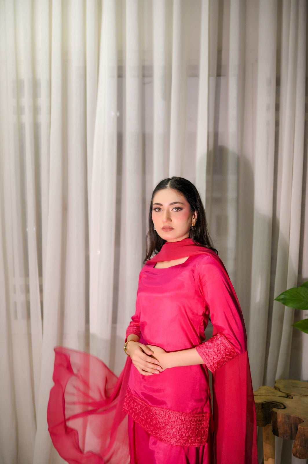 Hot Pink — 3-Piece Cotton Silk Suit | Fully Stitched Ready to Wear