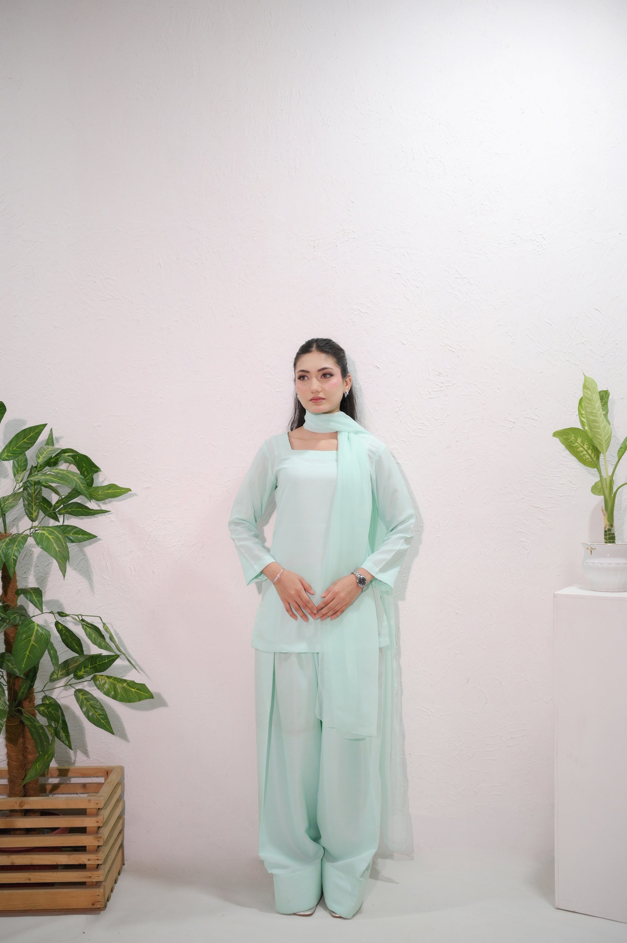Mint Mist fully stitched 3-piece cotton suit with chiffon dupatta by Faith3 Womens - front view
