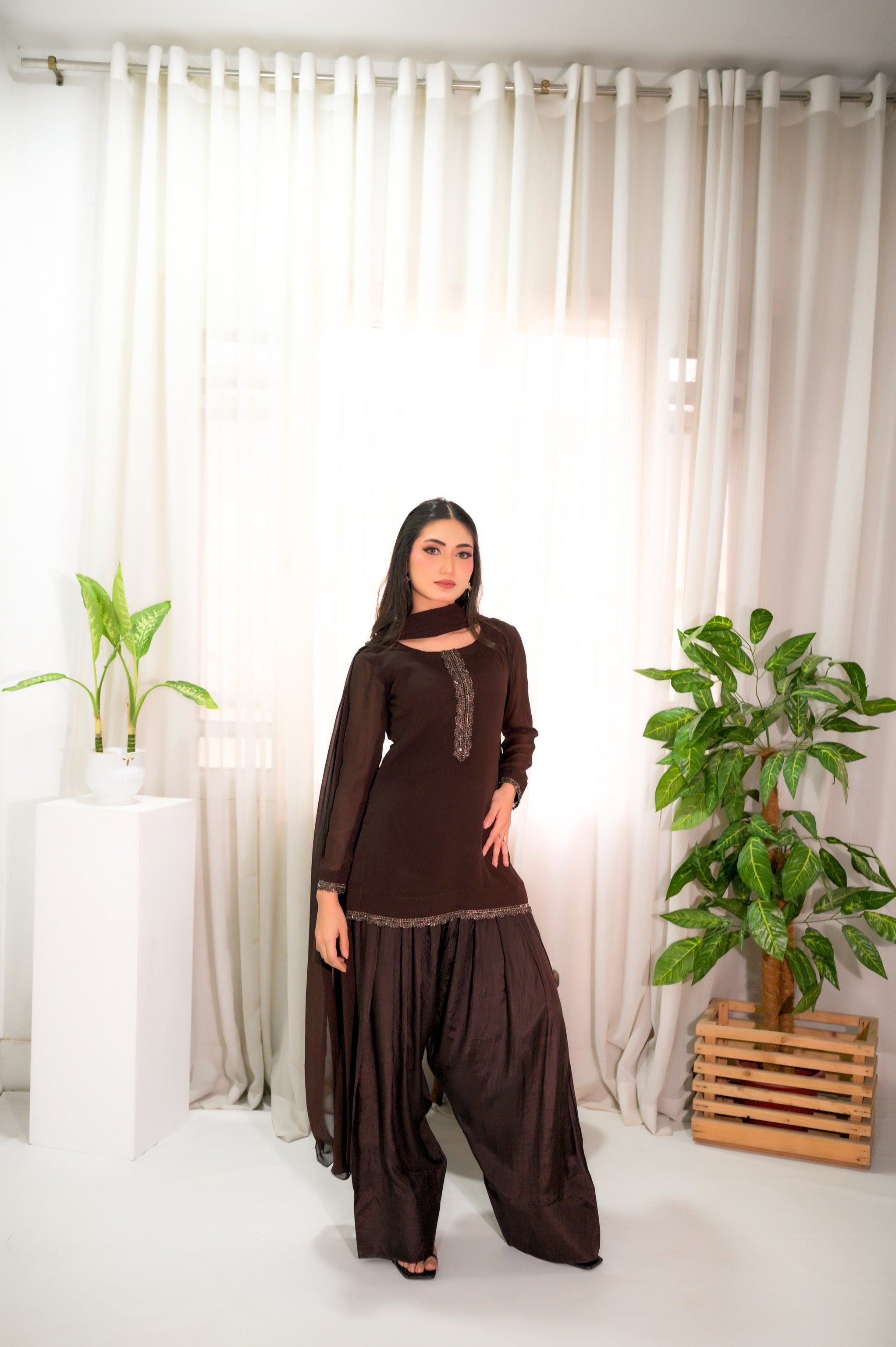 Mocha Mist premium georgette fully stitched suit with farshi shalwar by Faith3 Womens — front view
