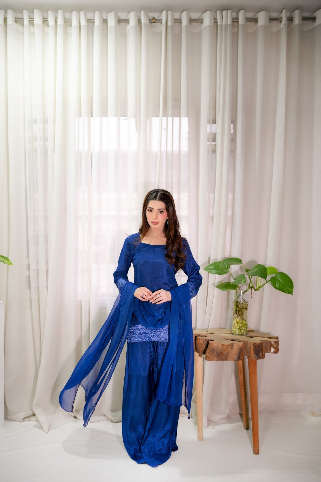 Royal Blue 3-piece cotton silk fully stitched suit with farshi trousers by Faith3 Womens — front view