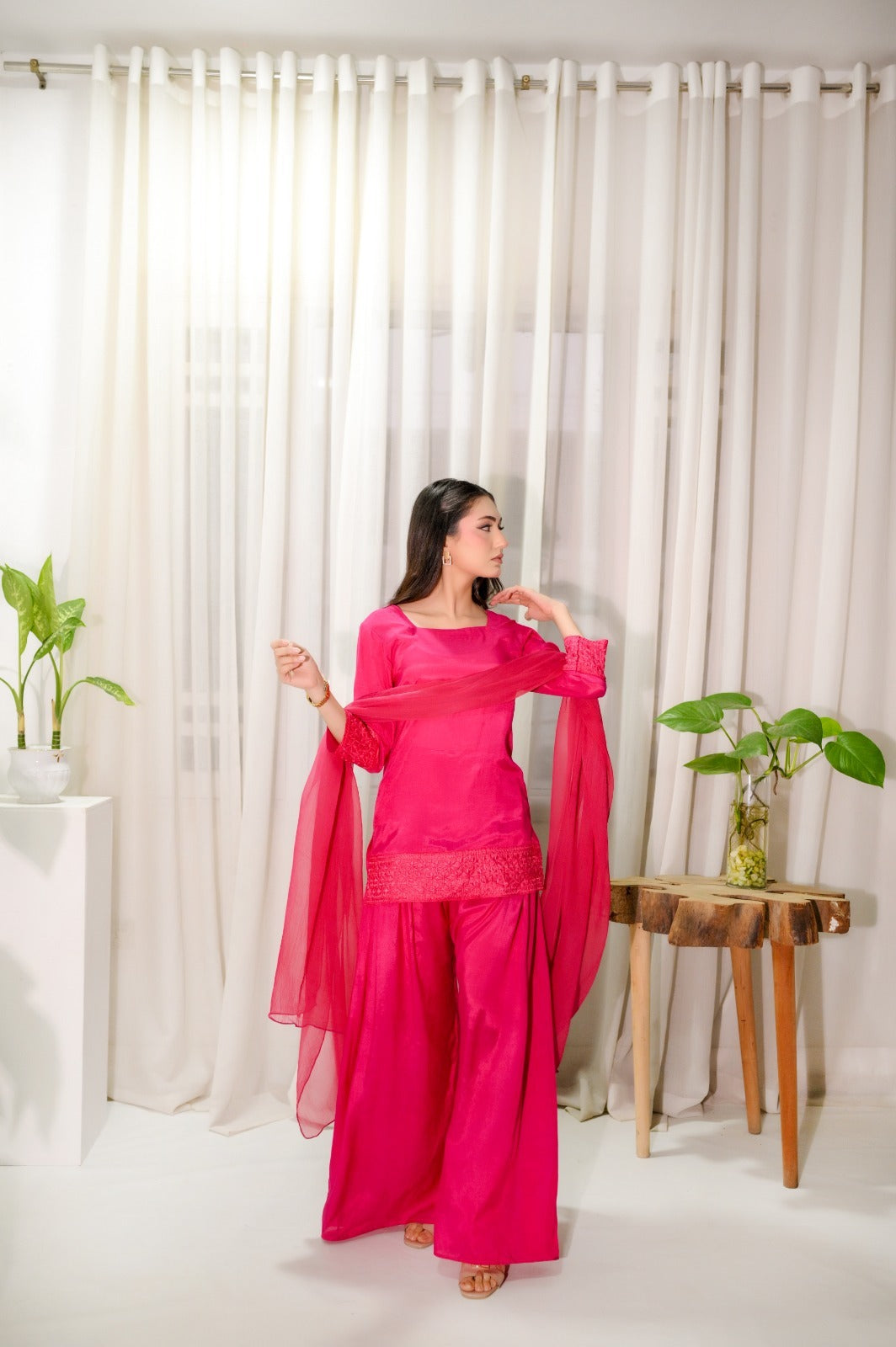 Hot Pink — 3-Piece Cotton Silk Suit | Fully Stitched Ready to Wear