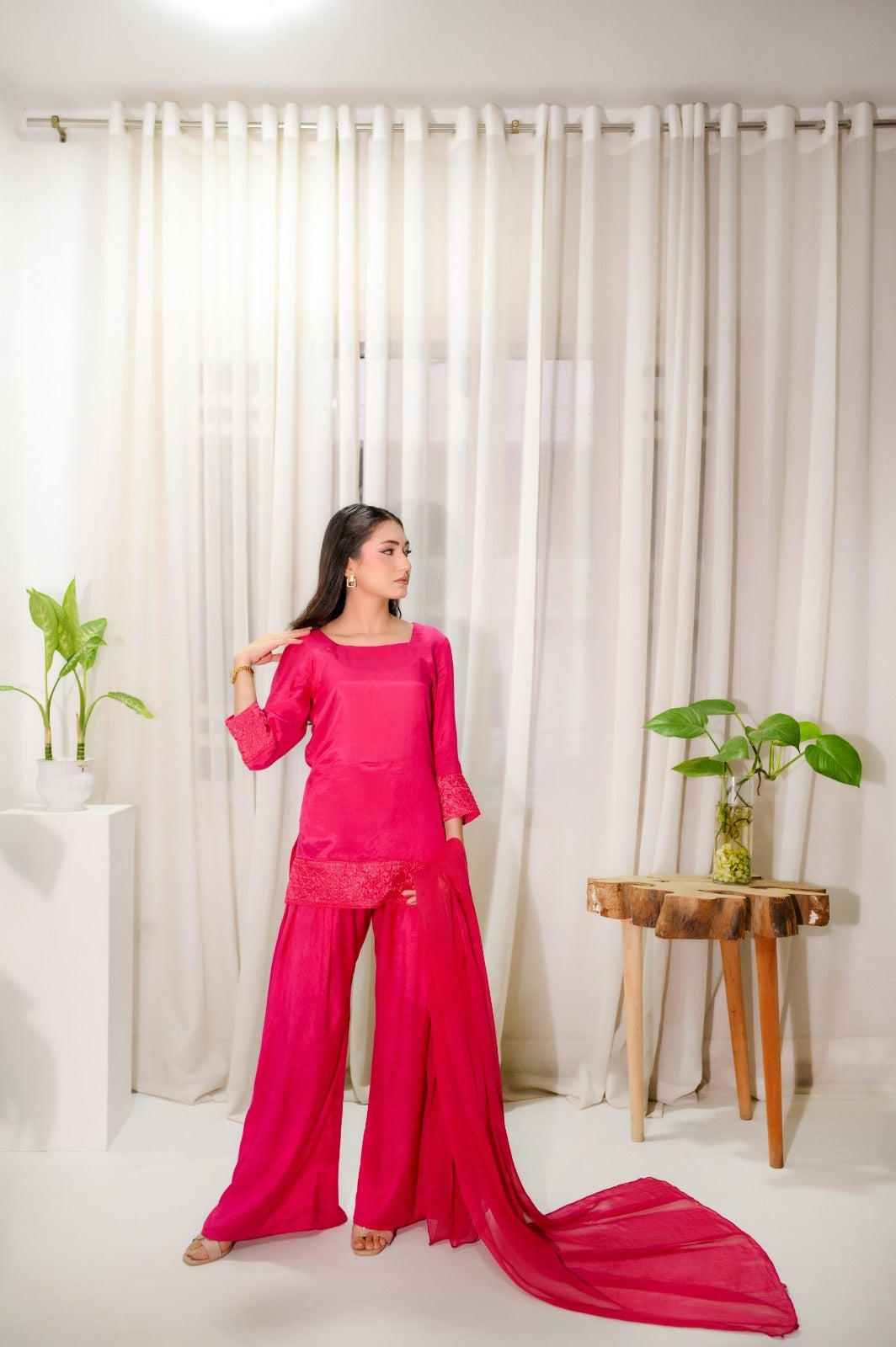 Hot Pink — 3-Piece Cotton Silk Suit | Fully Stitched Ready to Wear