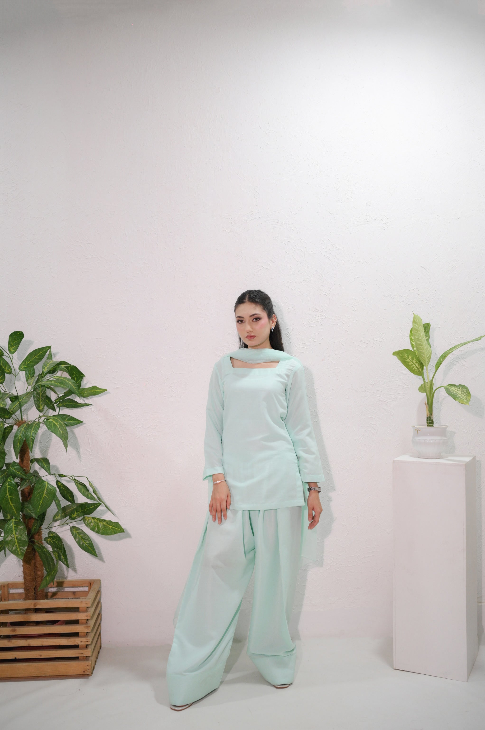 Mint Mist 3-piece cotton palazzo suit — dupatta styling detail by Faith3 Womens