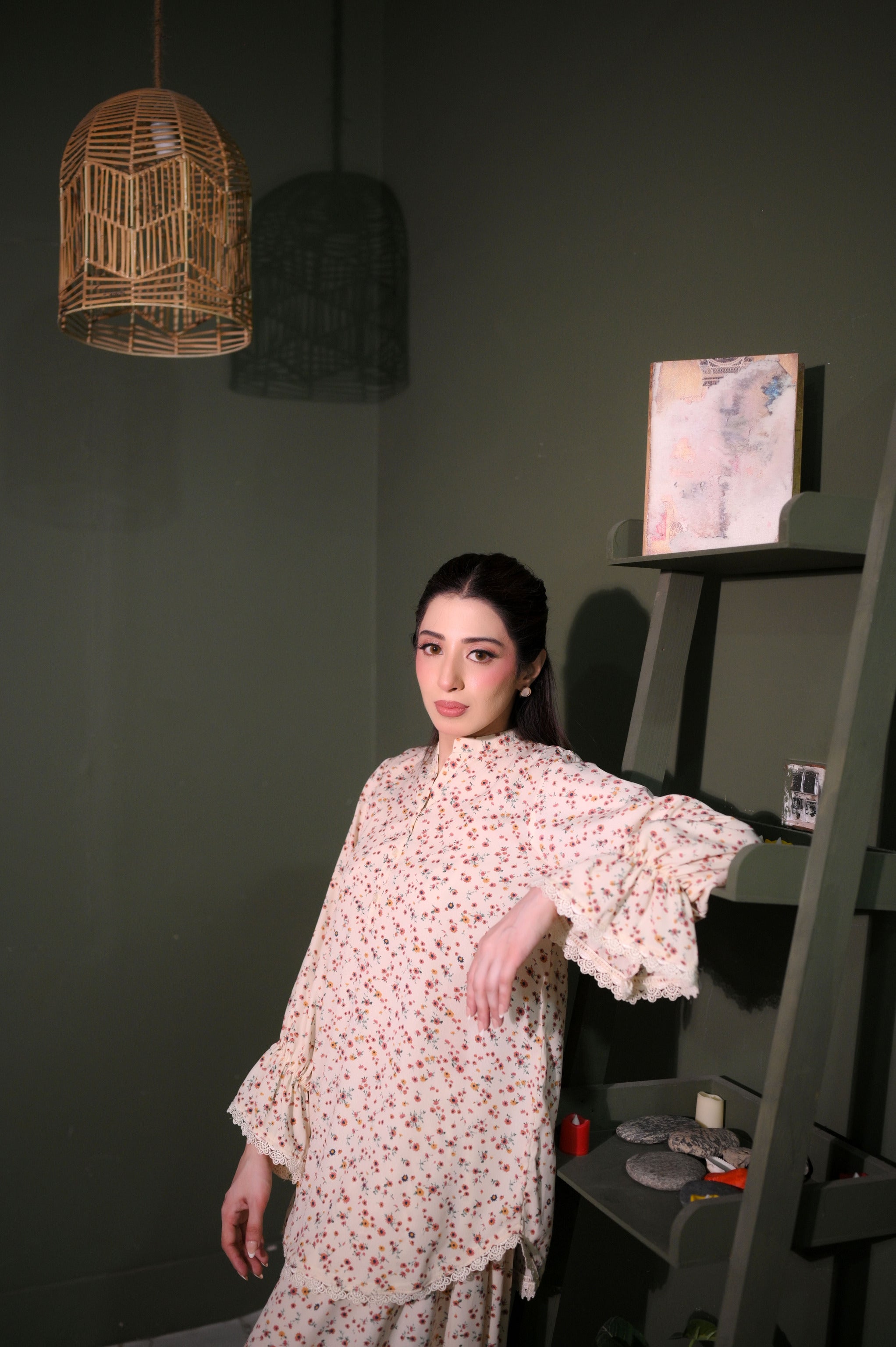 Soft Floral Breeze short shirt — lace hem, bell sleeves and floral georgette detail close-up
