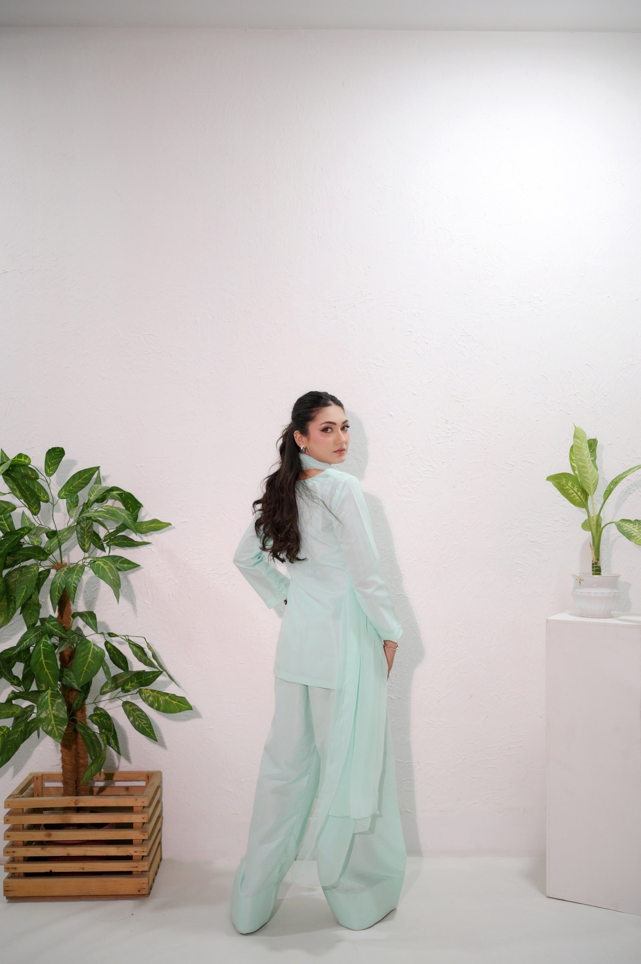 Mint Mist back view — shirt length and chiffon dupatta drape detail