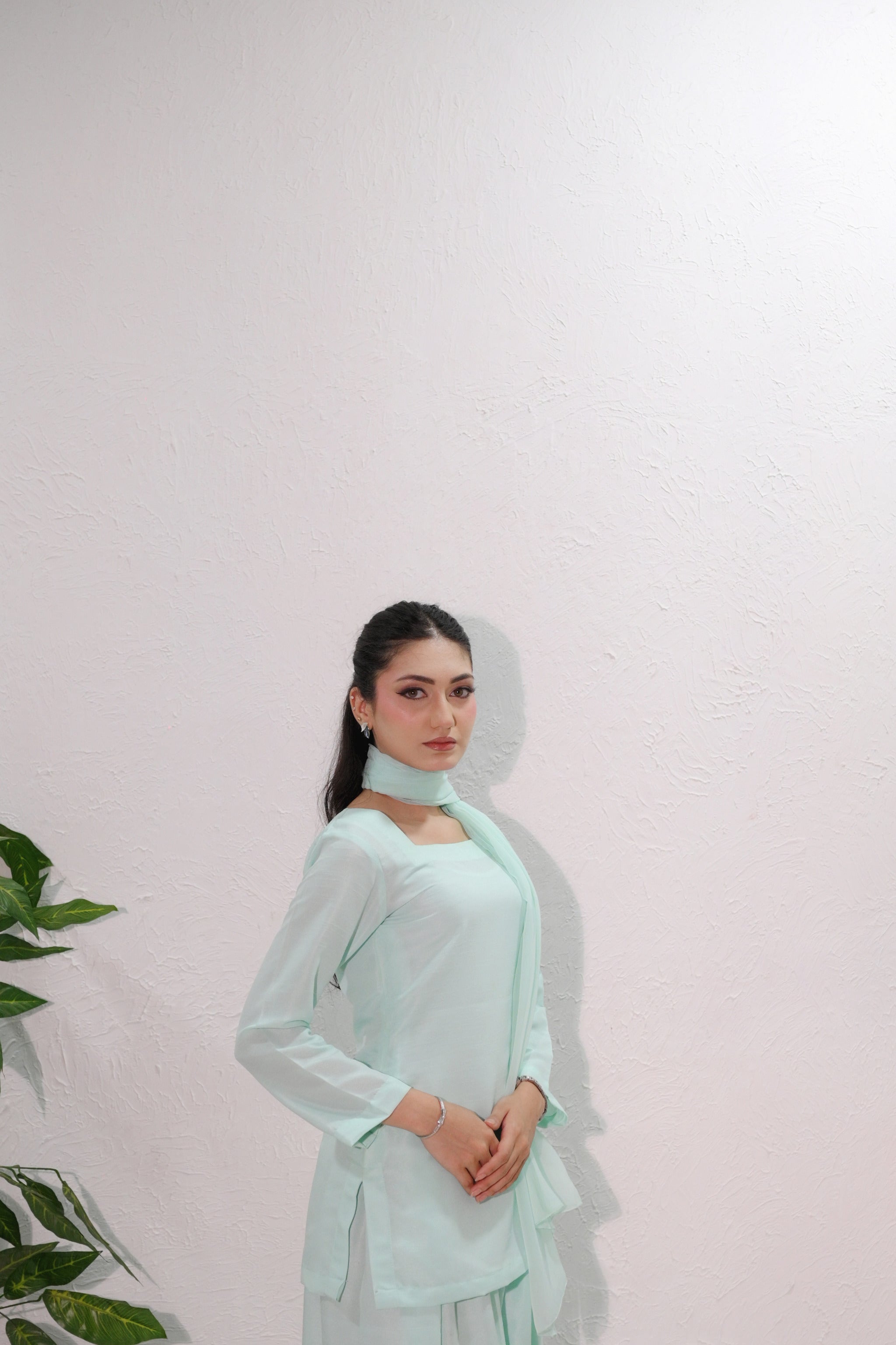 Mint Mist close-up side portrait — square neckline and chiffon dupatta texture