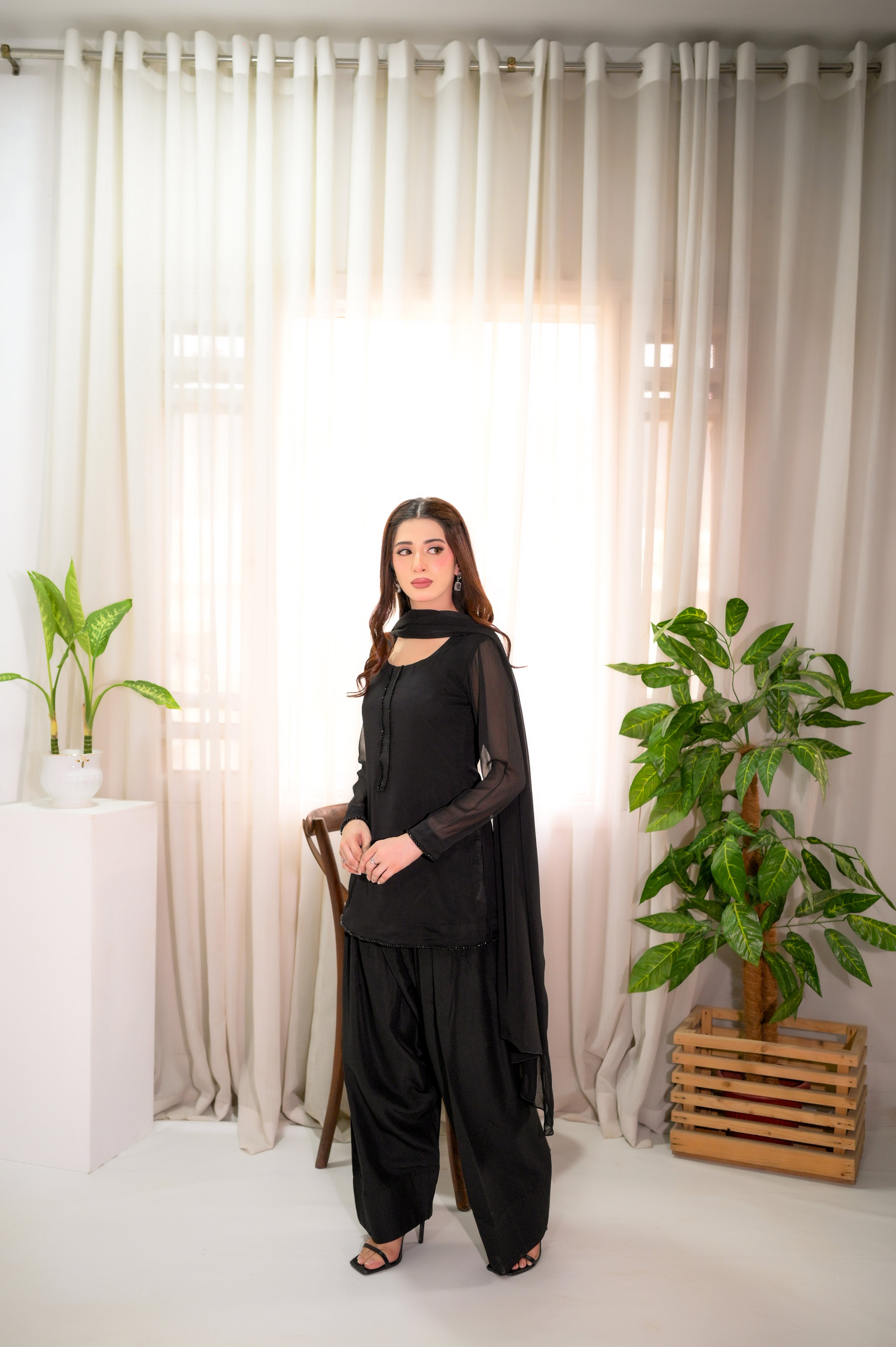 Midnight Mist black georgette embellished 3-piece farshi shalwar suit fully stitched Faith3 Womens Pakistan