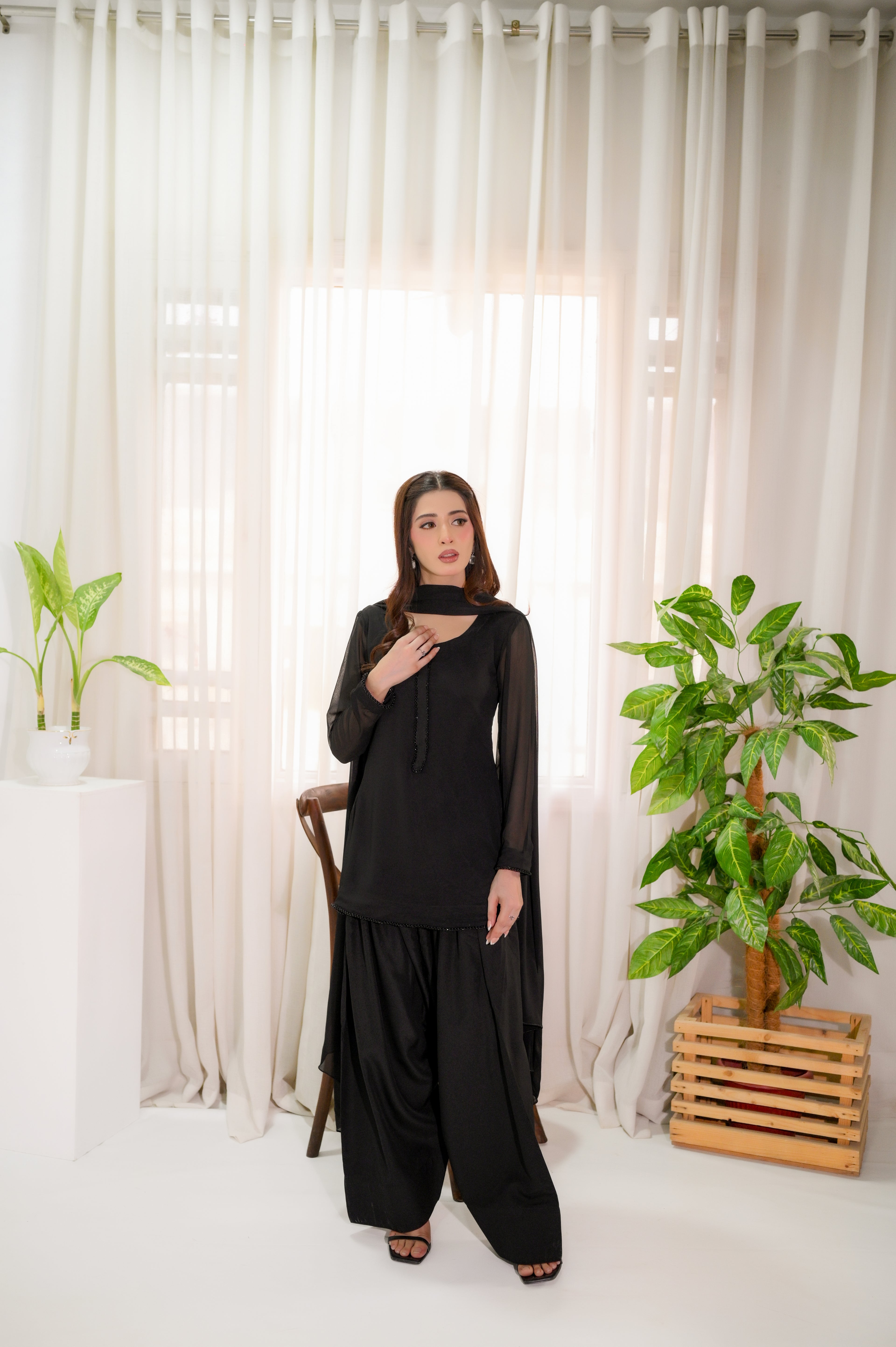 Faith3 Womens Midnight Mist black georgette suit standing full view — Pakistani festive wear