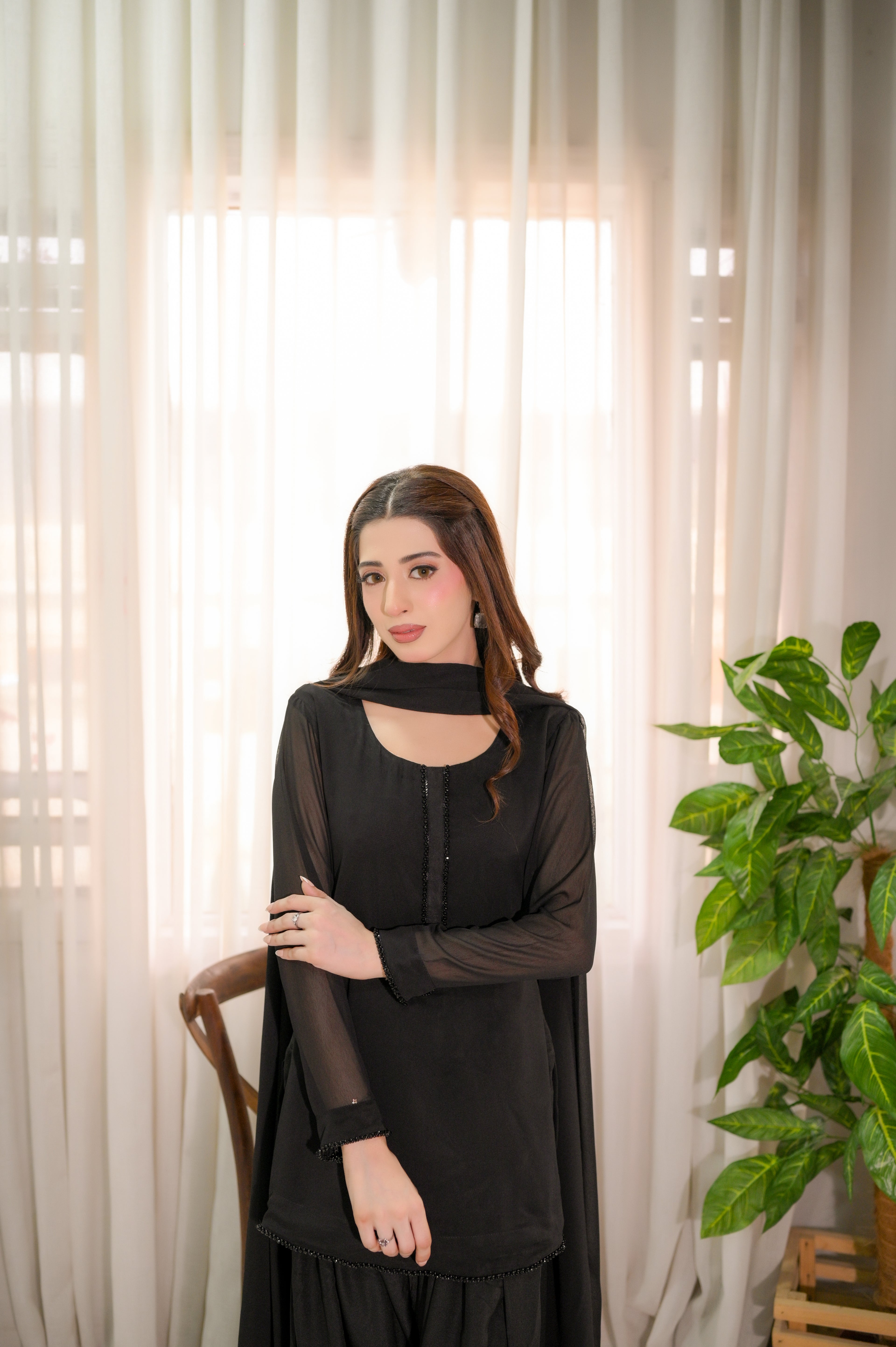 Midnight Mist black embellished neckline close-up — georgette inner lined suit Faith3 Womens