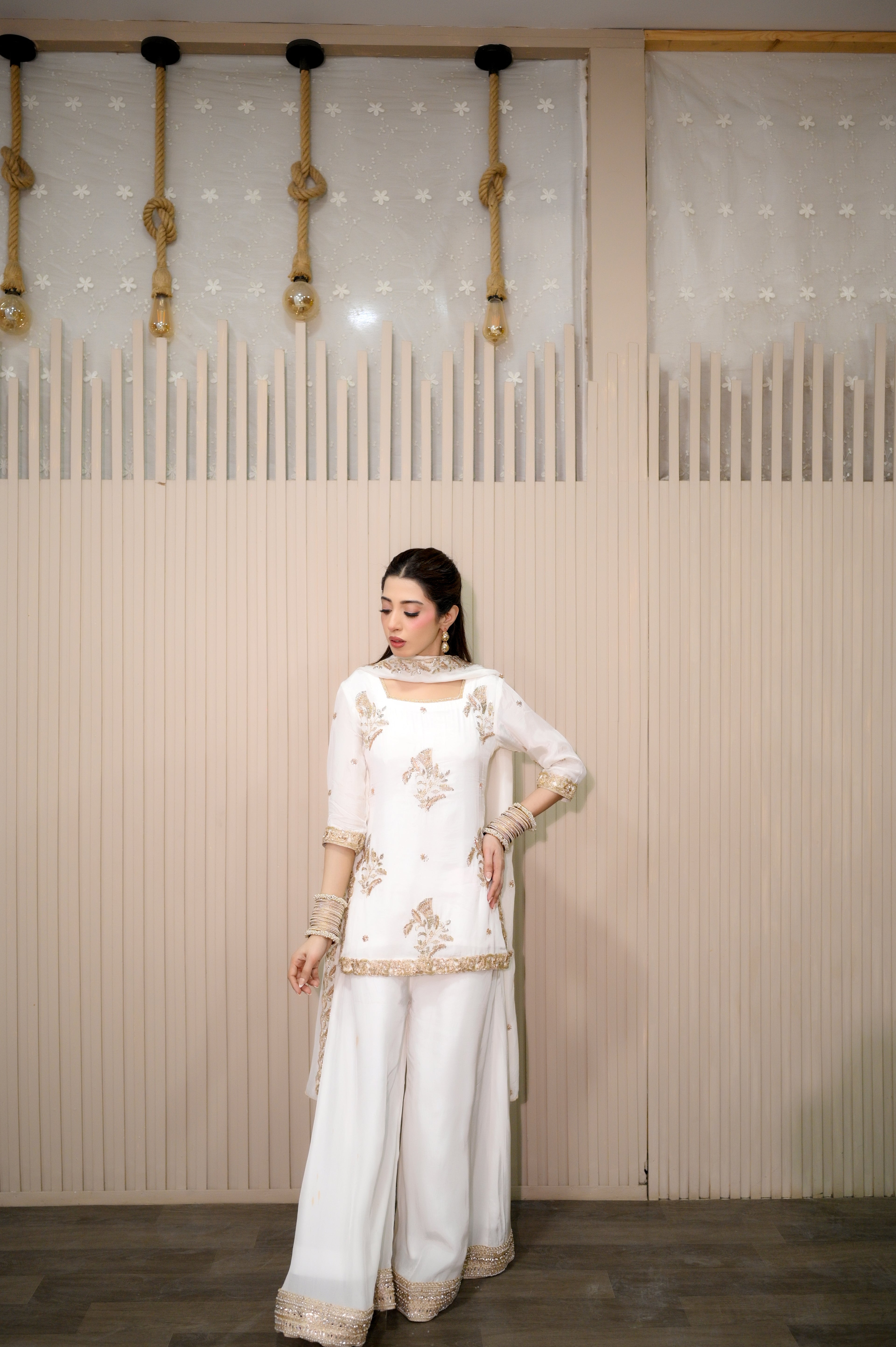 White Zari embroidered hem border palazzo trousers — luxury Pakistani 3-piece suit Faith3