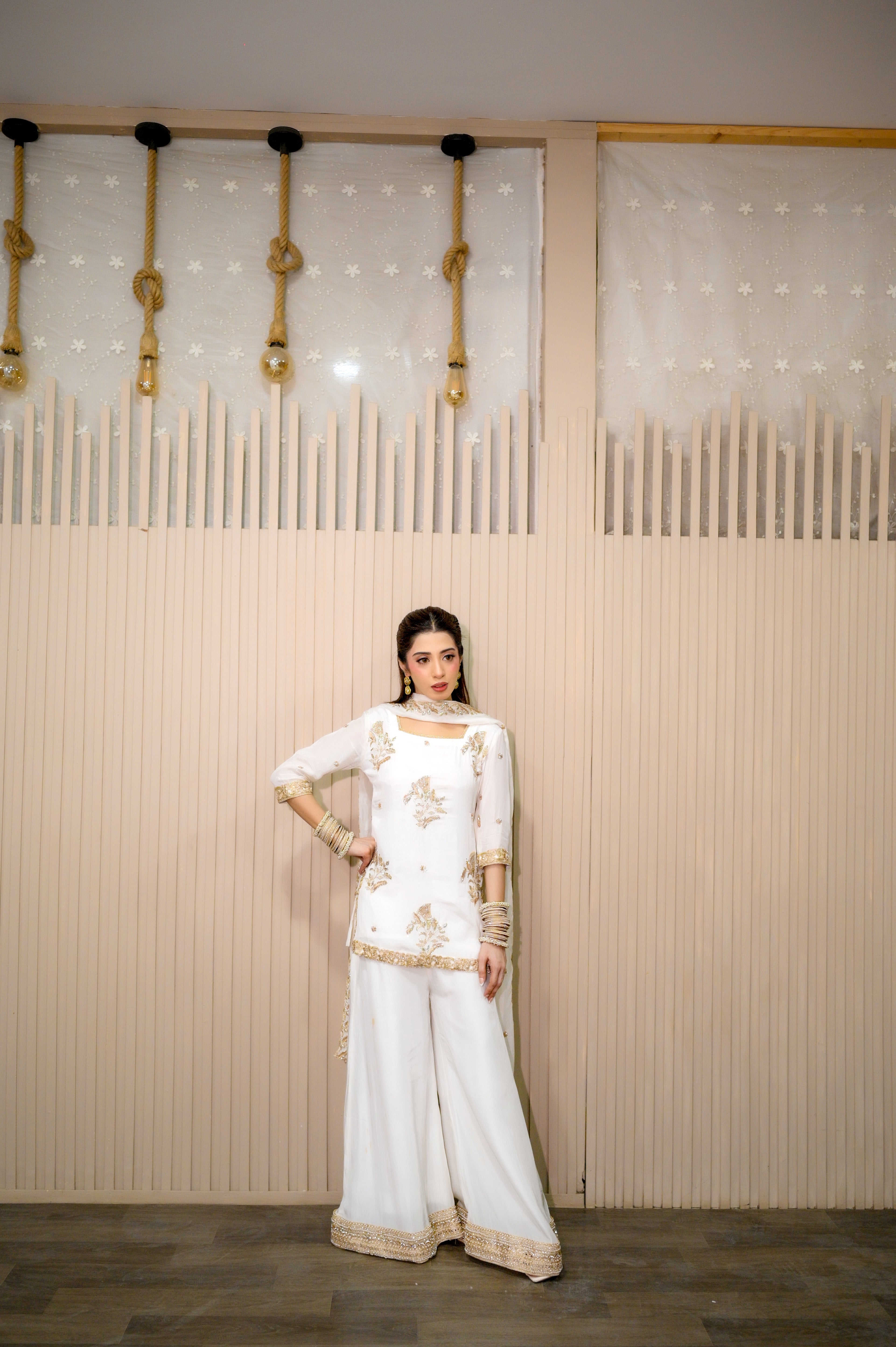 Faith3 Womens White Zari embroidered palazzo suit standing full view — premium Pakistani festive wear