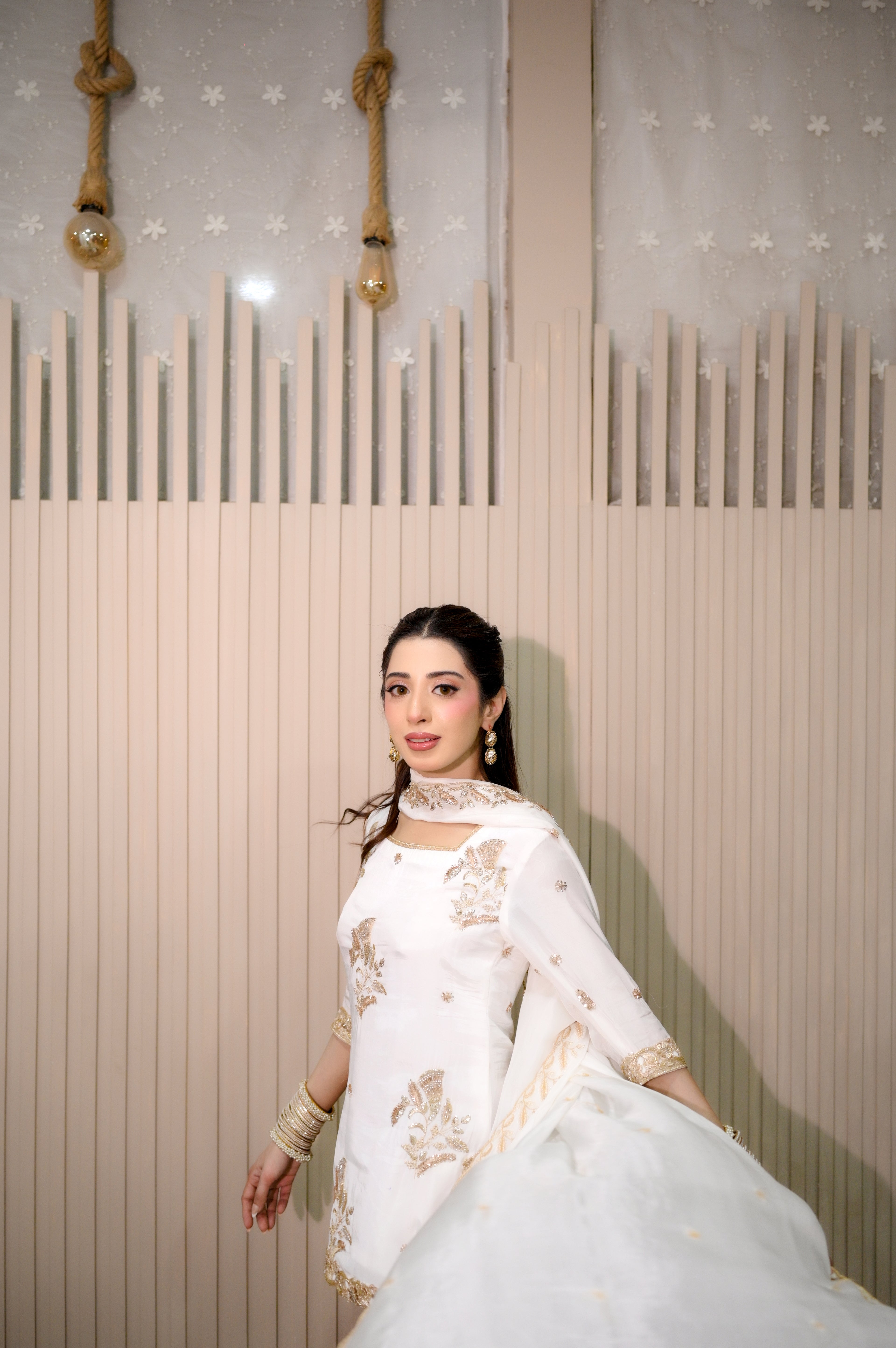 White Zari chiffon dupatta flaring — luxury gold zari embroidered 3-piece suit Faith3 Womens