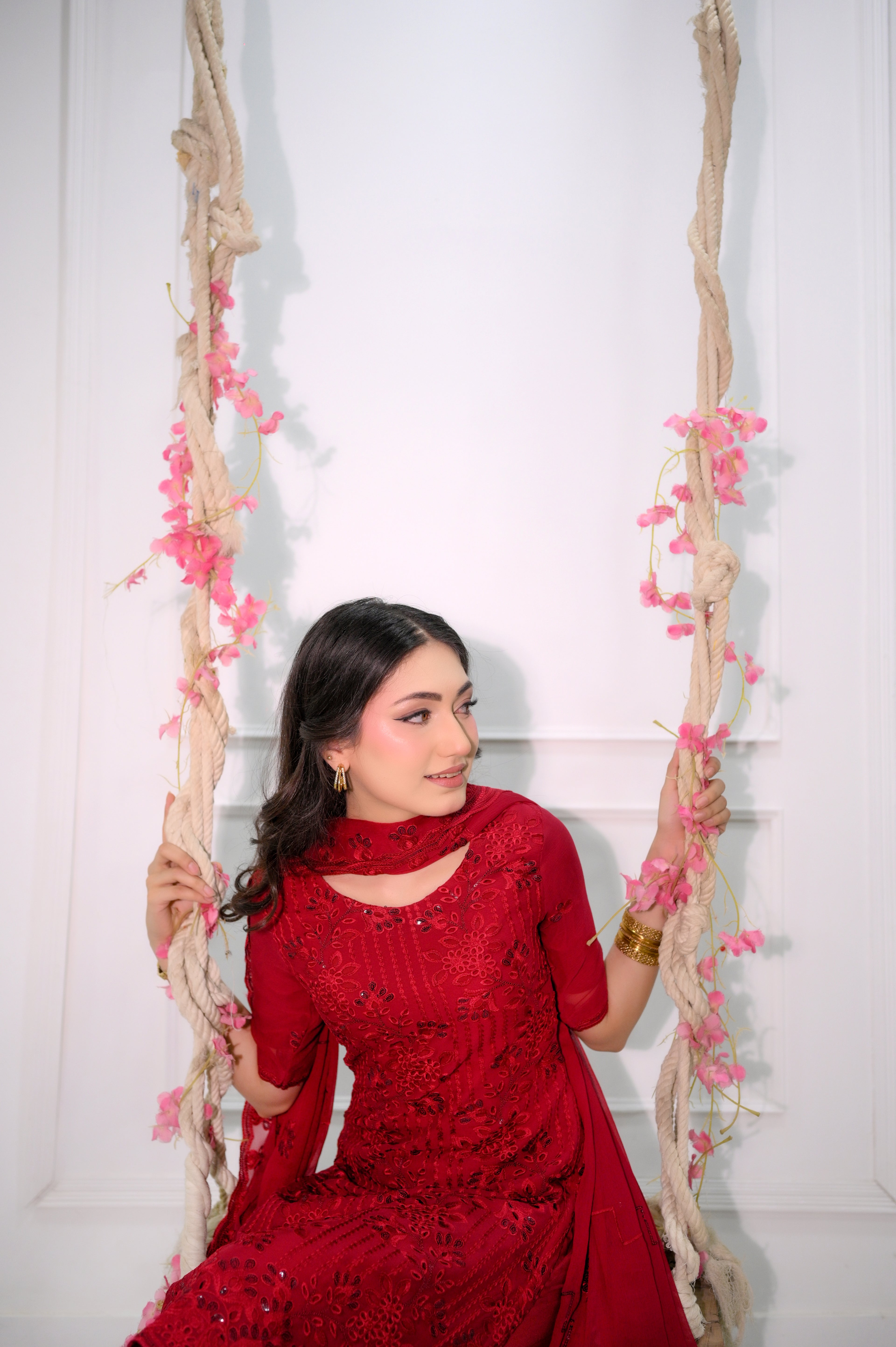 Ruby Bloom schiffli cutwork neckline detail — crimson red Pakistani 3-piece suit Faith3