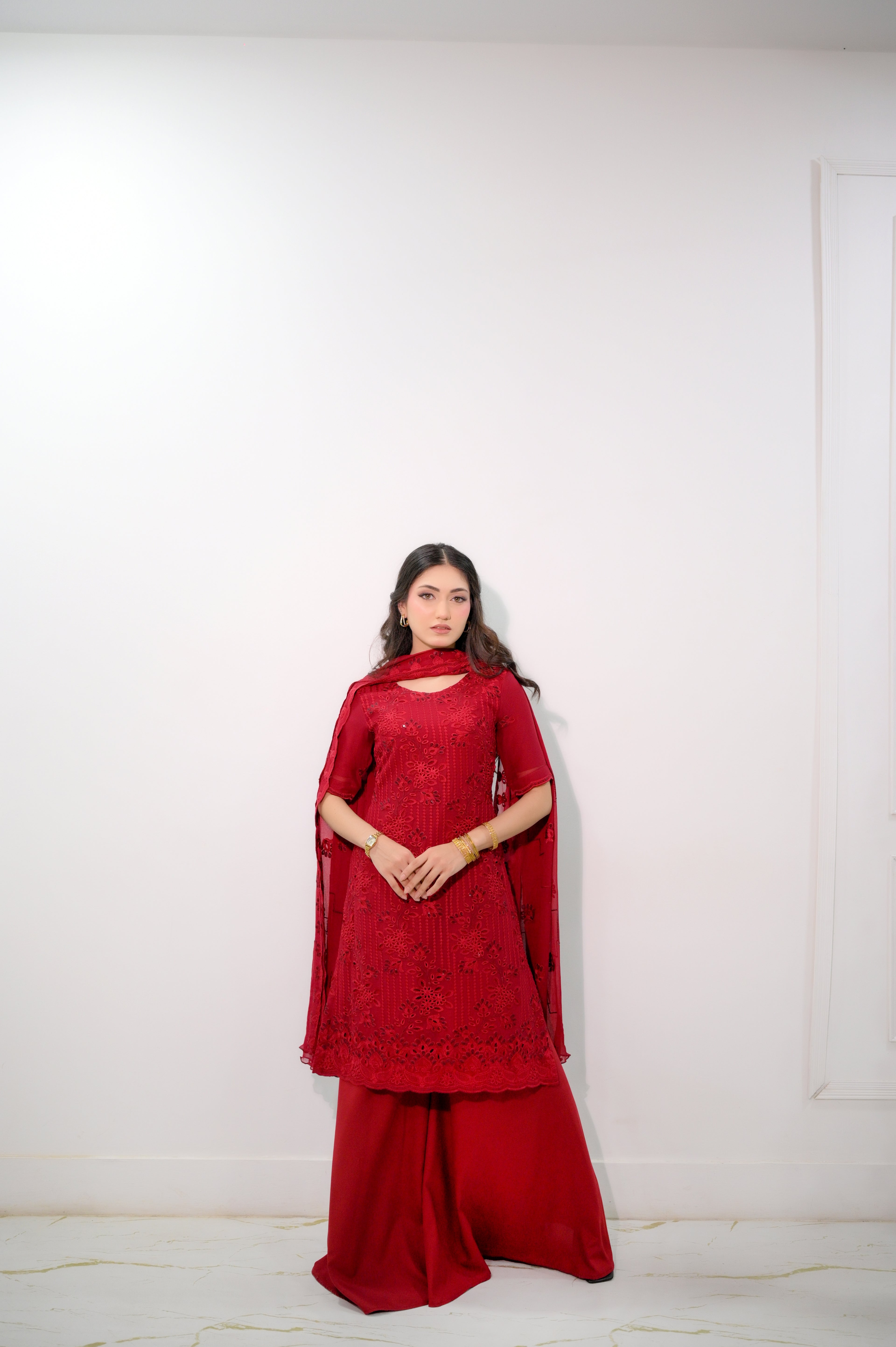 Ruby Bloom red schiffli embroidered 3-piece sharara suit fully stitched by Faith3 Womens Pakistan