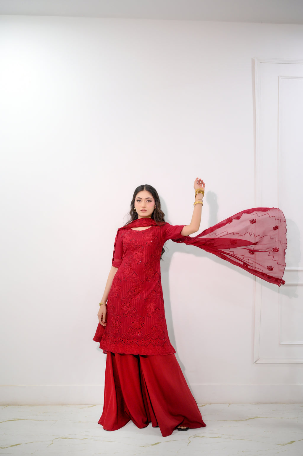 Faith3 Womens Ruby Bloom red embroidered suit with dupatta flared — festive Pakistani dress