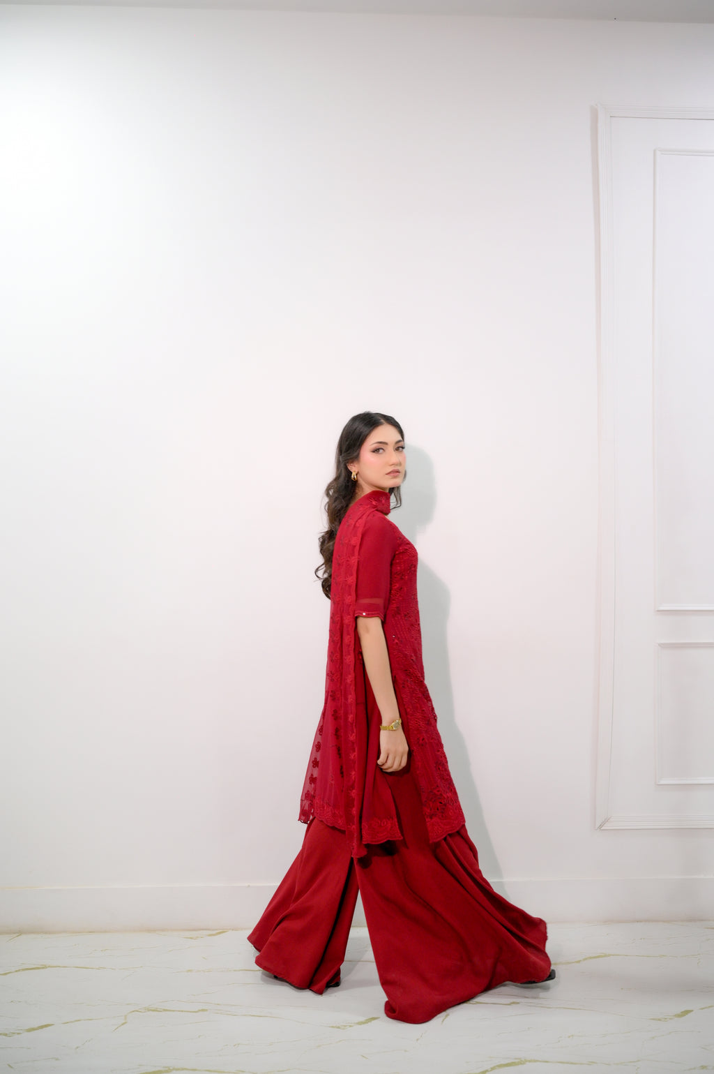 Ruby Bloom 3-piece red sharara suit side view — Faith3 Womens online shopping Pakistan