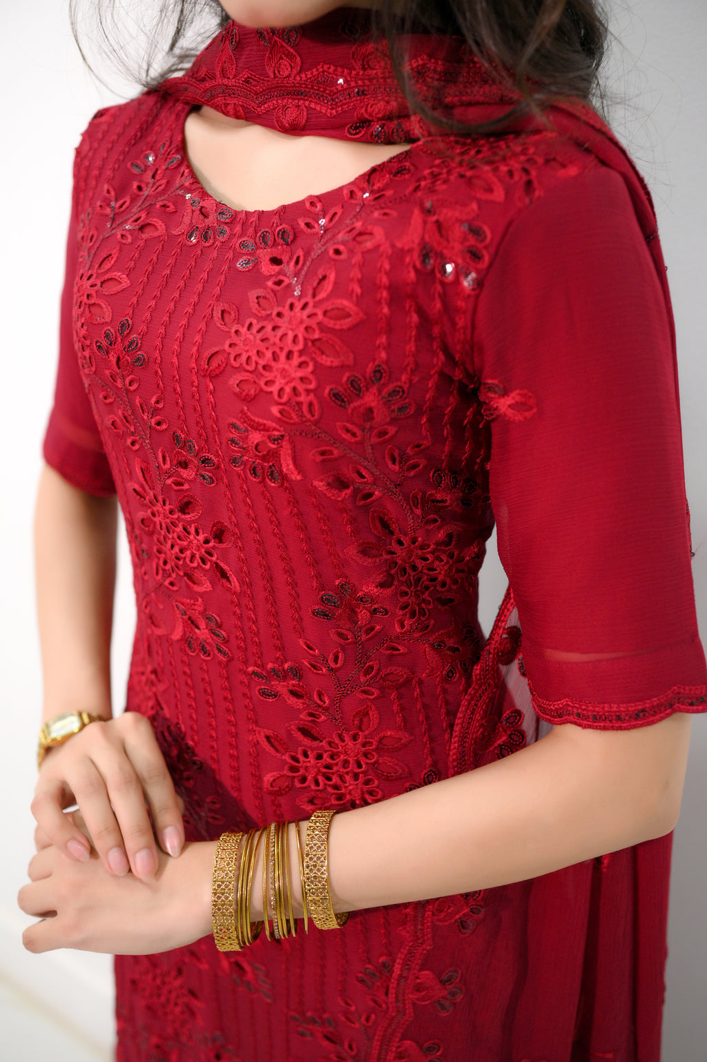 Close-up schiffli cutwork embroidery on Ruby Bloom red suit — Faith3 Womens stitched dress