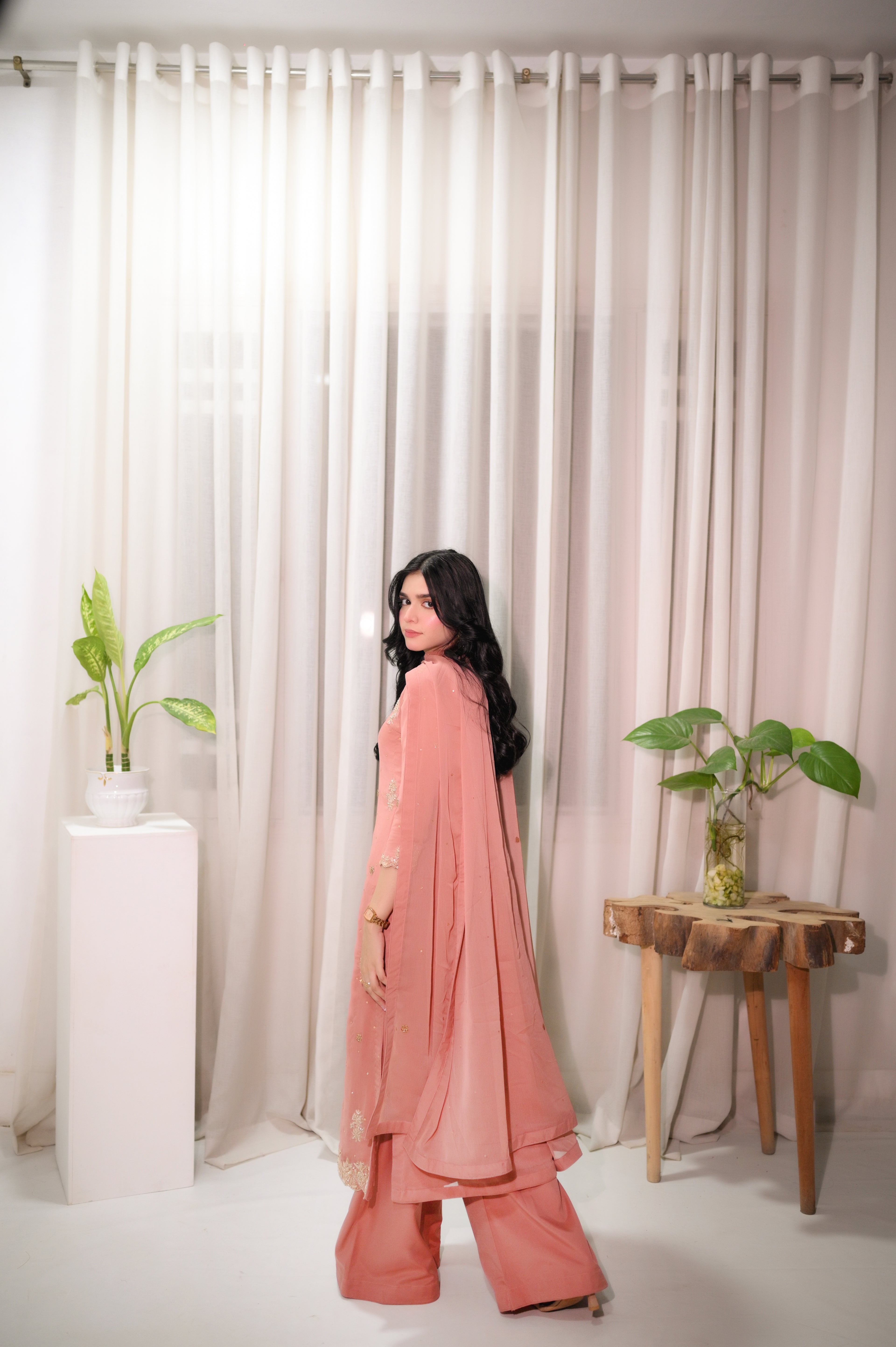 Back view Antique Rose pure chiffon suit with draped dupatta — Faith3 Womens