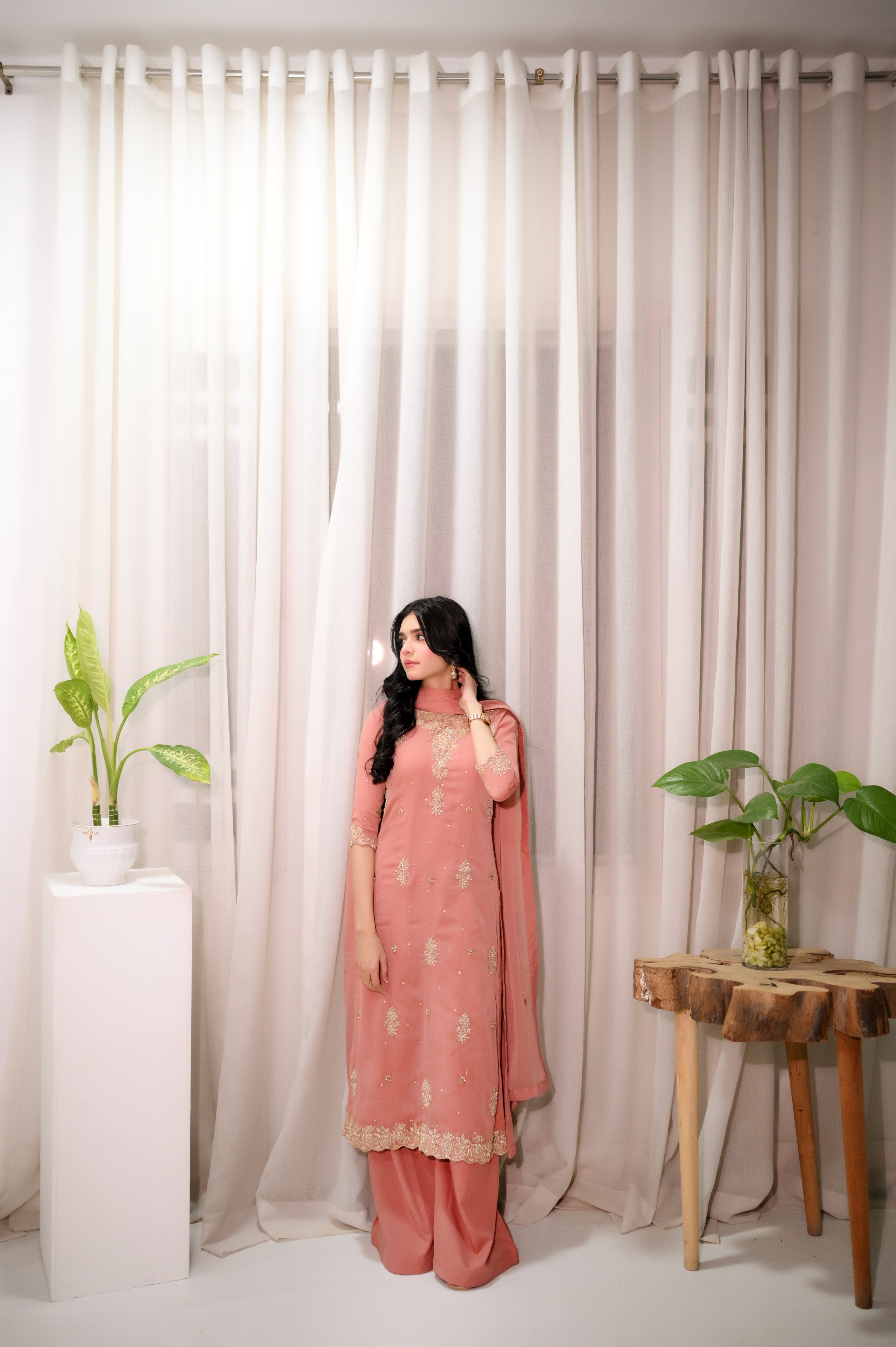 Faith3 Womens Antique Rose chiffon suit with embroidered dupatta — full outfit front view
