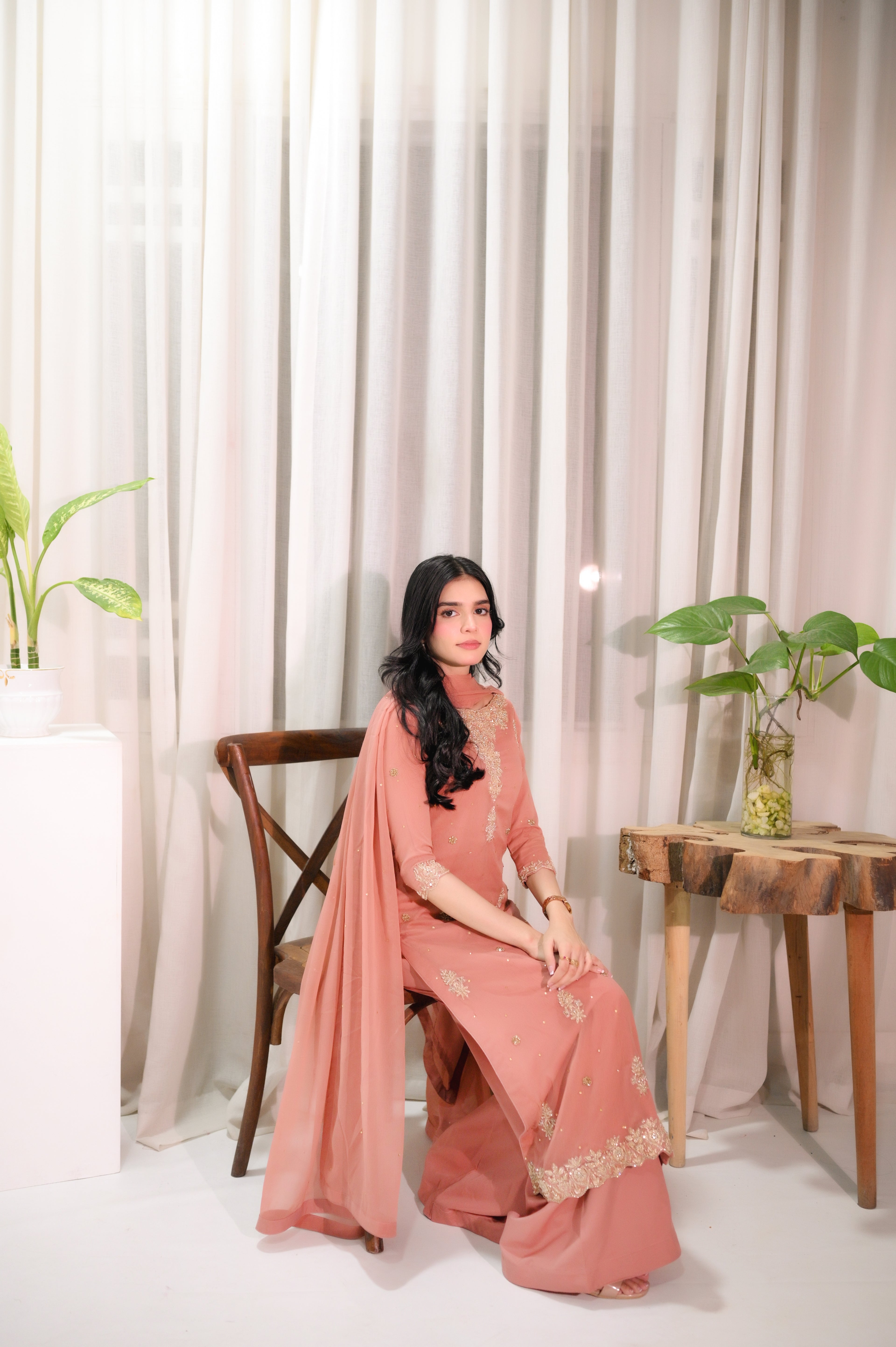 Antique Rose embroidered chiffon suit seated pose — Faith3 Womens online shopping Pakistan