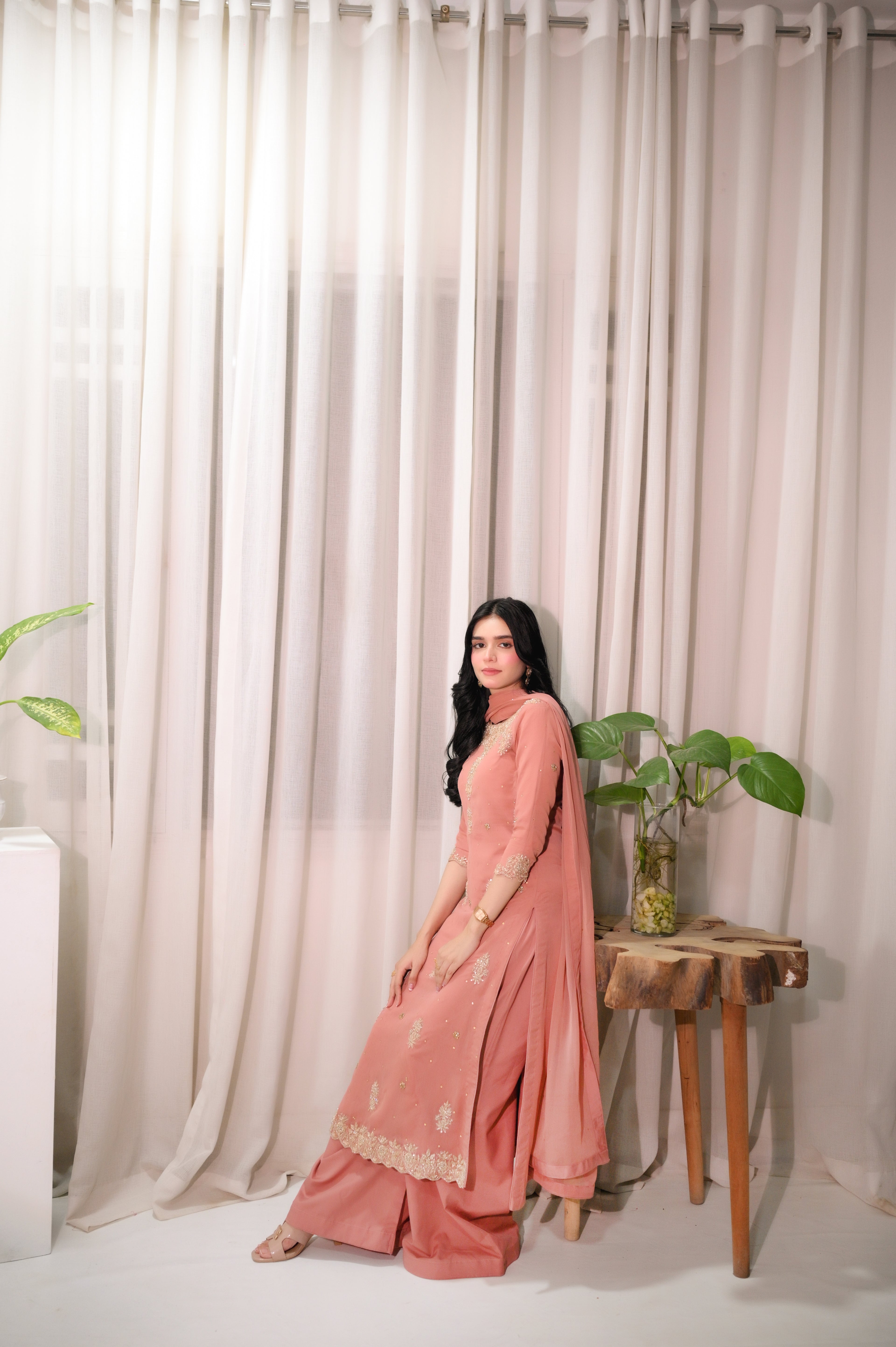 Side view Antique Rose flowy chiffon outfit with dupatta — Faith3 Womens stitched suit